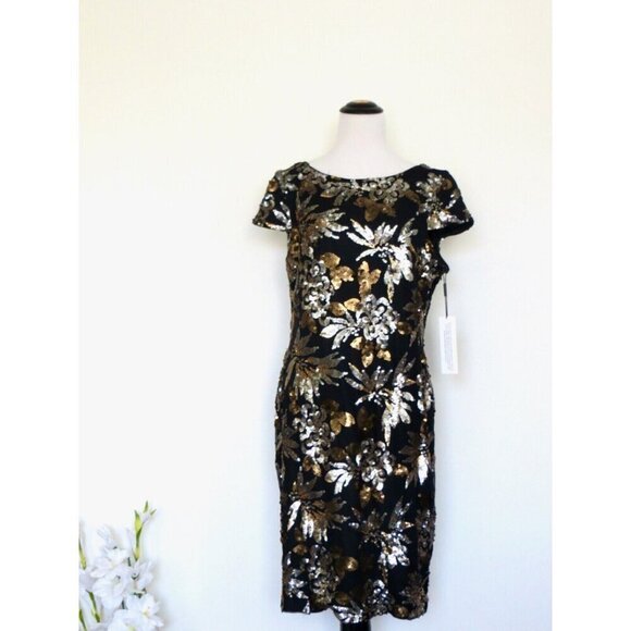NEW! CALVIN KLEIN Sequined Cowl Back Sheath Dress Black Gold SZ 14 - Picture 4 of 8